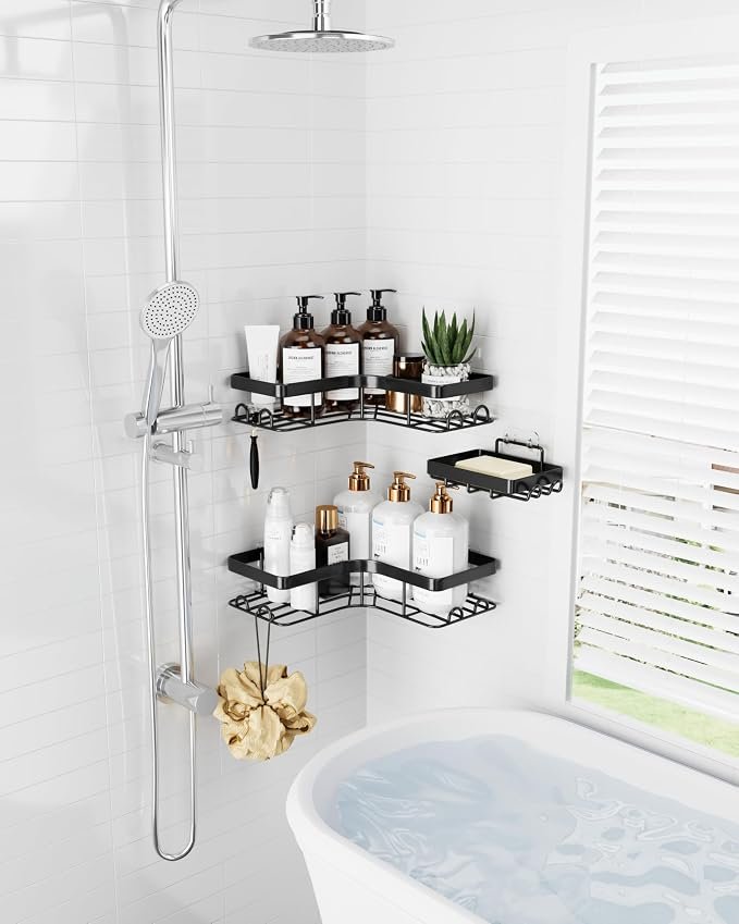 Sakugi Corner Shower Caddy - 3-Pack Shower Organizer with Soap Holder & Built-In Hooks