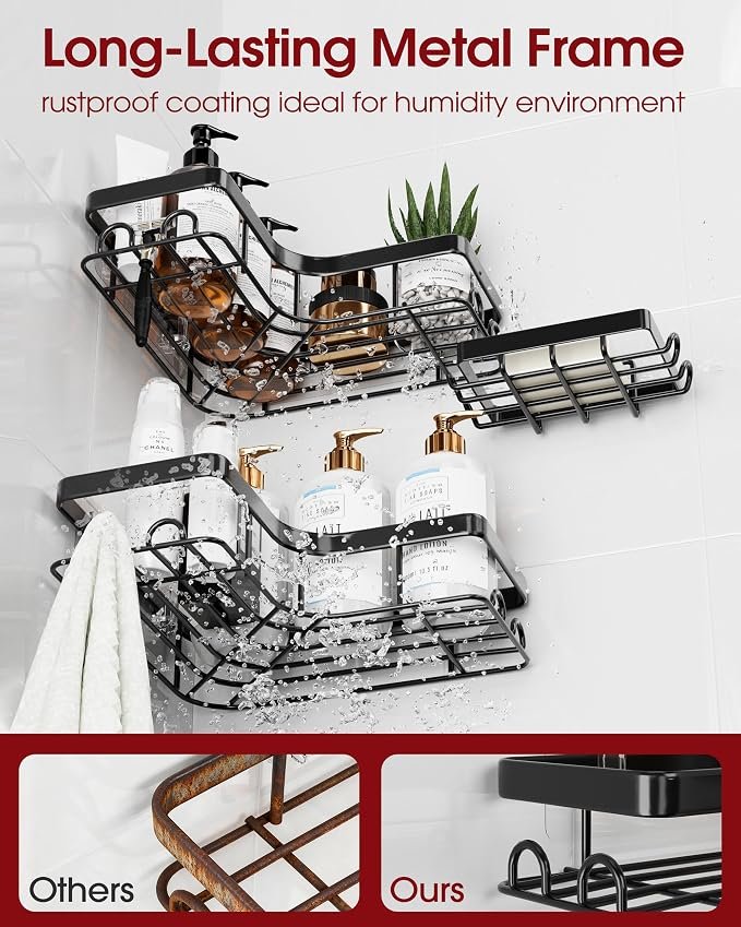 Sakugi Corner Shower Caddy - 3-Pack Shower Organizer with Soap Holder & Built-In Hooks - Image 3